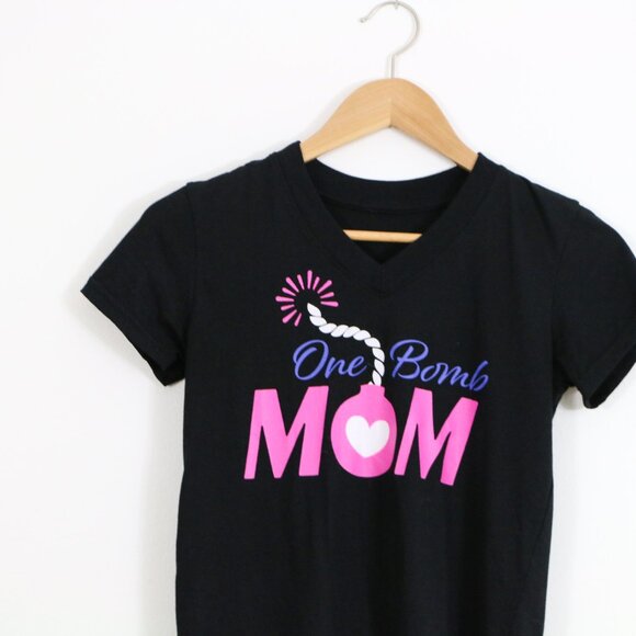 *One Bomb Mom Black V Neck T Shirt - Picture 3 of 5